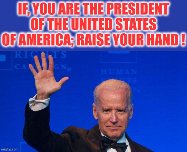 PRESIDENT | IF, YOU ARE THE PRESIDENT OF THE UNITED STATES OF AMERICA; RAISE YOUR HAND ! | image tagged in president,joe biden,raise your hand,united states,america | made w/ Imgflip meme maker