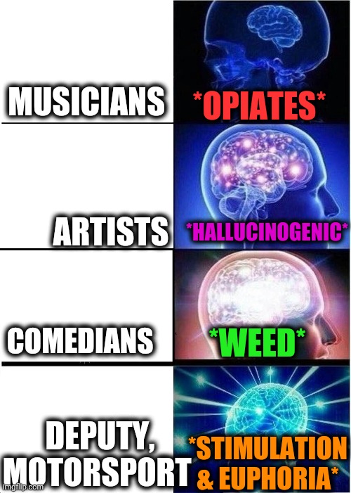 -Take a cross land scape. | *OPIATES*; MUSICIANS; *HALLUCINOGENIC*; ARTISTS; *WEED*; COMEDIANS; *STIMULATION & EUPHORIA*; DEPUTY, MOTORSPORT | image tagged in memes,expanding brain,drugs are bad,don't do drugs,classified,prisoners blank | made w/ Imgflip meme maker