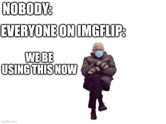 bernie just sitting | NOBODY:; EVERYONE ON IMGFLIP:; WE BE USING THIS NOW | image tagged in blank white template | made w/ Imgflip meme maker