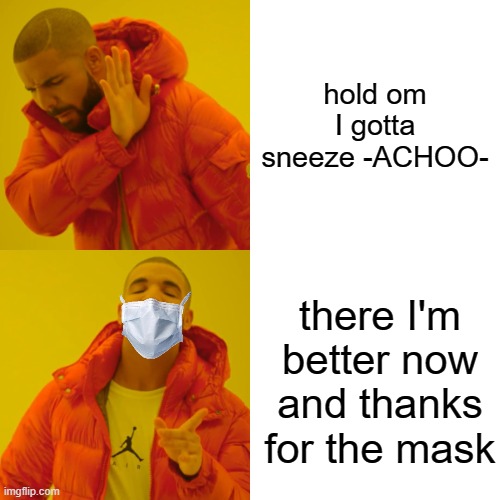 somebody put this on r/bonehurtingjuice | hold om I gotta sneeze -ACHOO-; there I'm better now and thanks for the mask | image tagged in memes,drake hotline bling | made w/ Imgflip meme maker