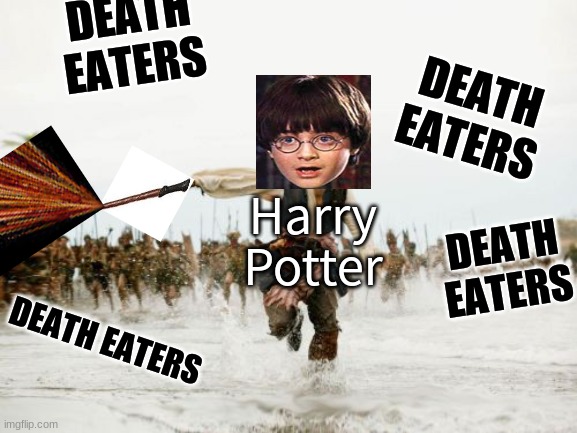 Harry Potter is the new Jack Sparrow (Elizabeth and Will: "CAPTAIN!!!" | DEATH EATERS; DEATH EATERS; Harry Potter; DEATH EATERS; DEATH EATERS | image tagged in memes,jack sparrow being chased | made w/ Imgflip meme maker