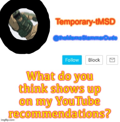 Guessing time | What do you think shows up on my YouTube recommendations? | image tagged in temporary-tmsd announcement take 2 | made w/ Imgflip meme maker