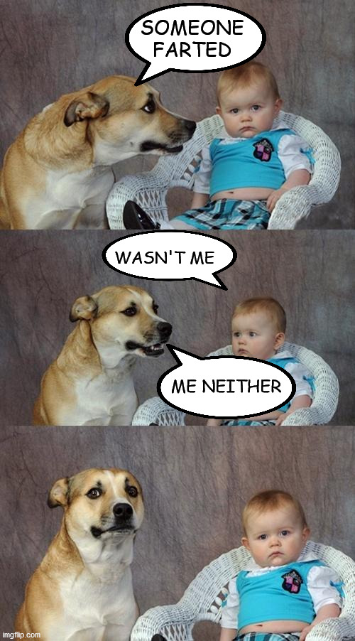 Fart | SOMEONE FARTED; WASN'T ME; ME NEITHER | image tagged in memes,dad joke dog | made w/ Imgflip meme maker