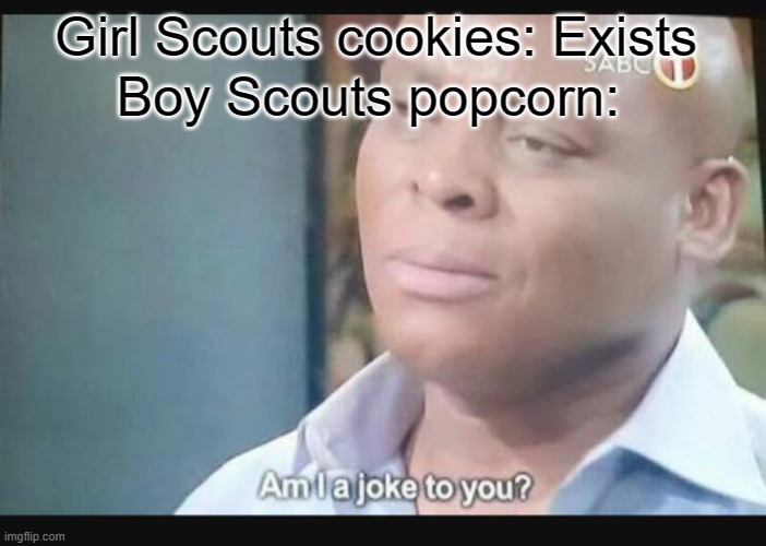 Underrated |  Girl Scouts cookies: Exists; Boy Scouts popcorn: | image tagged in am i a joke to you,boy scouts,girl scouts,girl scout cookies,boy scouts popcorn | made w/ Imgflip meme maker