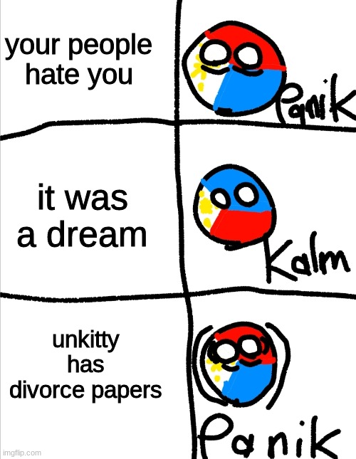 dont ask | your people hate you; it was a dream; unkitty has divorce papers | image tagged in kalm panik kalm but countryballs | made w/ Imgflip meme maker