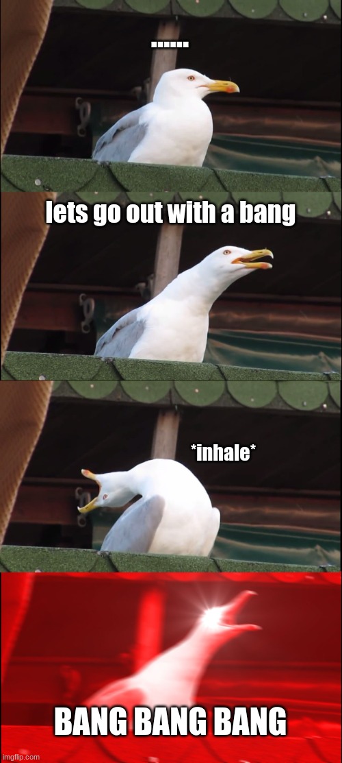 how me and the gang bop to ajr | ...... lets go out with a bang; *inhale*; BANG BANG BANG | image tagged in memes,inhaling seagull | made w/ Imgflip meme maker