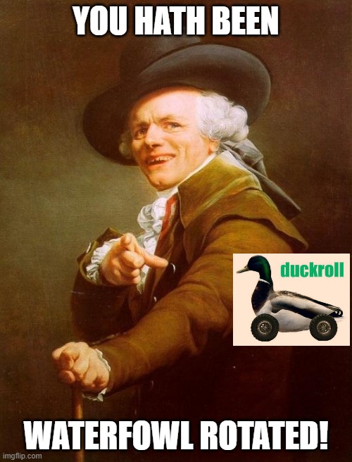 Ducrux Duckroll. | YOU HATH BEEN; WATERFOWL ROTATED! | image tagged in memes,joseph ducreux | made w/ Imgflip meme maker