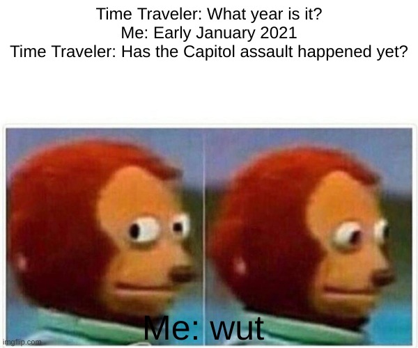 Monkey Puppet | Time Traveler: What year is it?
Me: Early January 2021
Time Traveler: Has the Capitol assault happened yet? Me: wut | image tagged in memes,politics,political meme,police,crime,terrorism | made w/ Imgflip meme maker