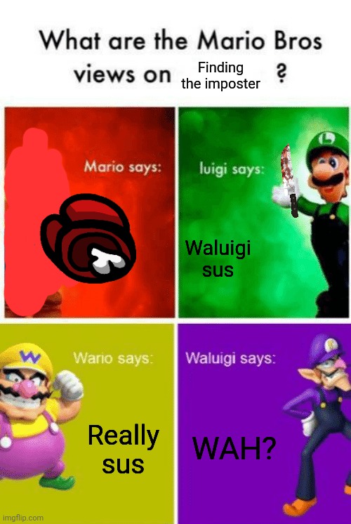 Finding the imposter Waluigi sus Really sus WAH? | image tagged in what are the mario bros veiw on extended | made w/ Imgflip meme maker