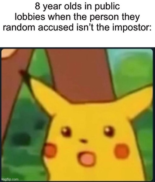 this is a factual statement | 8 year olds in public lobbies when the person they random accused isn’t the impostor: | image tagged in surprised pikachu,among us,8 year olds,gaming,public lobbies,stop reading the tags | made w/ Imgflip meme maker