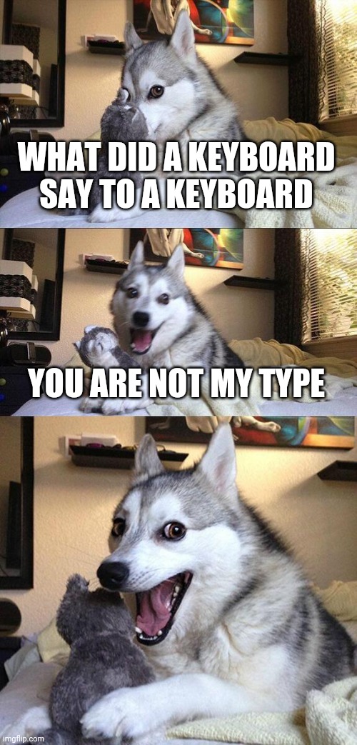 came up with this in math class | WHAT DID A KEYBOARD SAY TO A KEYBOARD; YOU ARE NOT MY TYPE | image tagged in memes,bad pun dog | made w/ Imgflip meme maker