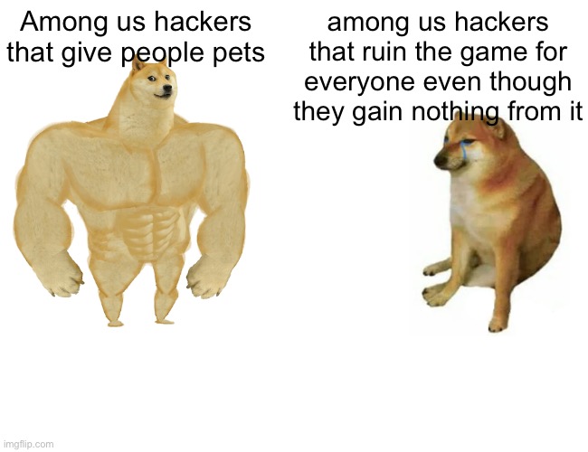 am i right, bois? | Among us hackers that give people pets; among us hackers that ruin the game for everyone even though they gain nothing from it | image tagged in memes,buff doge vs cheems,gaming,among us,hackers,stop reading the tags | made w/ Imgflip meme maker