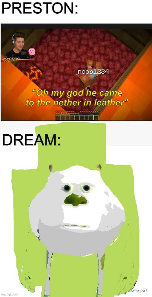 Preston Insulting Dream (that's a good clickbait title now that I think about it) | PRESTON:; "Oh my god he came to the nether in leather"; DREAM: | image tagged in minecraft,dream,funny | made w/ Imgflip meme maker