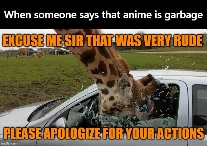 Don't do that | EXCUSE ME SIR THAT WAS VERY RUDE PLEASE APOLOGIZE FOR YOUR ACTIONS When someone says that anime is garbage | image tagged in giraffe head bash,anime,garbage,opinion | made w/ Imgflip meme maker