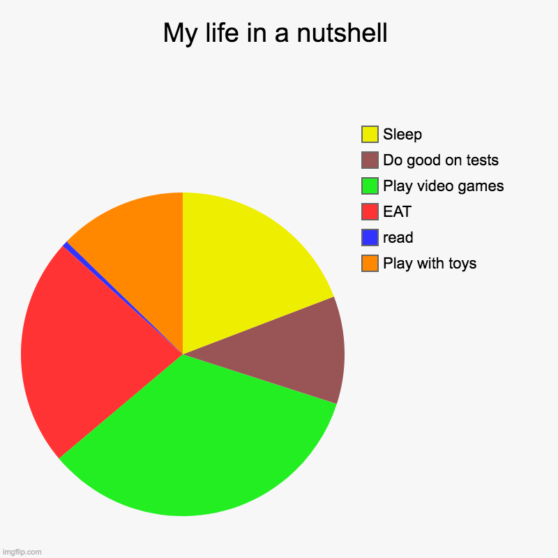 My life be like | My life in a nutshell | Play with toys, read, EAT, Play video games, Do good on tests, Sleep | image tagged in charts,pie charts | made w/ Imgflip chart maker