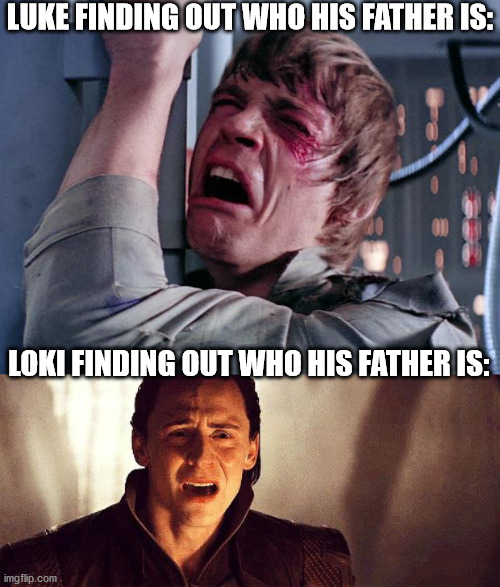 The amount of upset is real. | LUKE FINDING OUT WHO HIS FATHER IS:; LOKI FINDING OUT WHO HIS FATHER IS: | image tagged in luke nooooo,loki cry | made w/ Imgflip meme maker