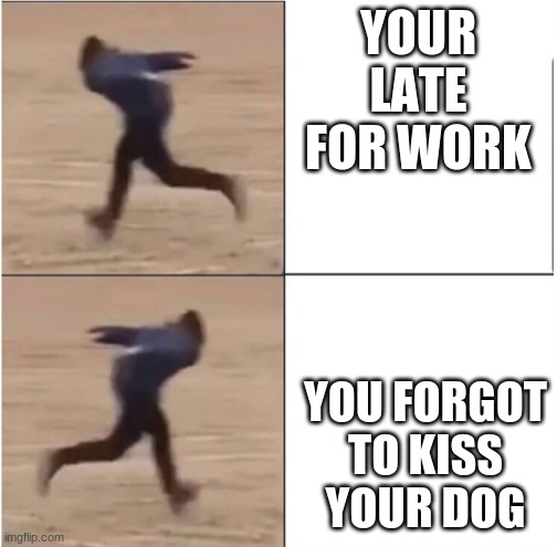 im sorry sam | YOUR LATE FOR WORK; YOU FORGOT TO KISS YOUR DOG | image tagged in naruto runner drake,doggo,gifs | made w/ Imgflip meme maker