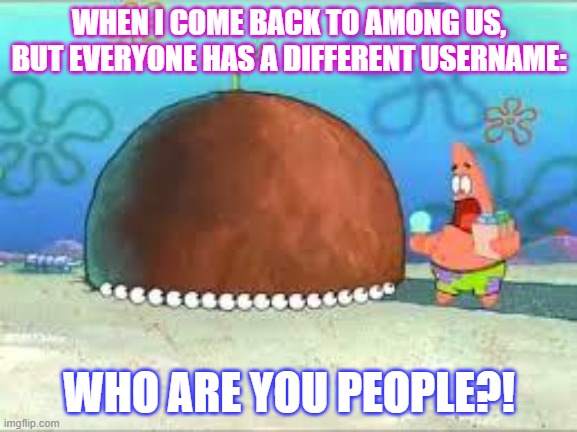 Different Among Us Usernames be like: | WHEN I COME BACK TO AMONG US, BUT EVERYONE HAS A DIFFERENT USERNAME:; WHO ARE YOU PEOPLE?! | image tagged in lol so funny,relatable,who are you people | made w/ Imgflip meme maker