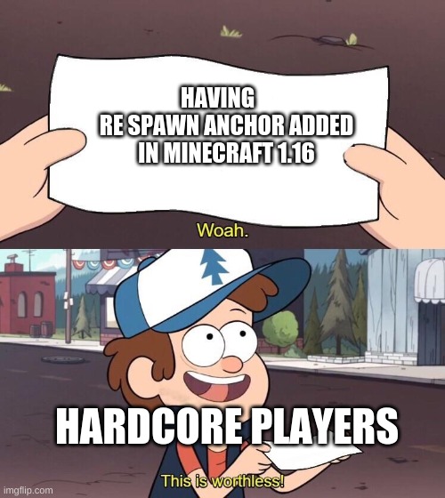 Useless Dipper | HAVING    
RE SPAWN ANCHOR ADDED IN MINECRAFT 1.16; HARDCORE PLAYERS | image tagged in useless dipper | made w/ Imgflip meme maker