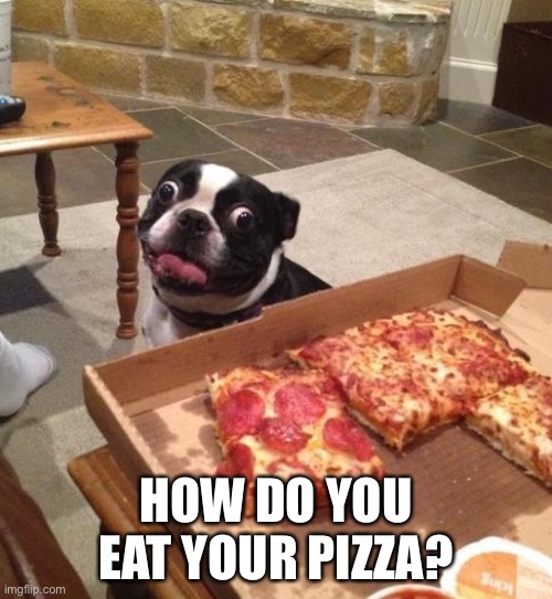 Hungry Pizza Dog | HOW DO YOU EAT YOUR PIZZA? | image tagged in hungry pizza dog | made w/ Imgflip meme maker