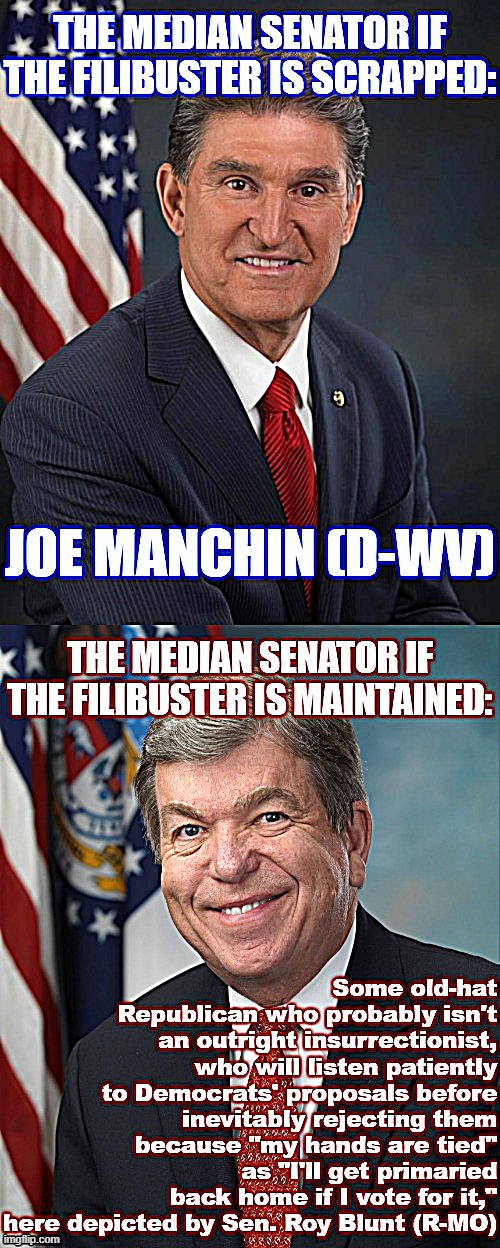 Scrap the filibuster, and the Senate hinges on its most moderate Democrat. Maintain it, and the MAGA crowd still runs the show. | image tagged in scrap the filibuster 2021,senate,senators,government,politics,republicans | made w/ Imgflip meme maker
