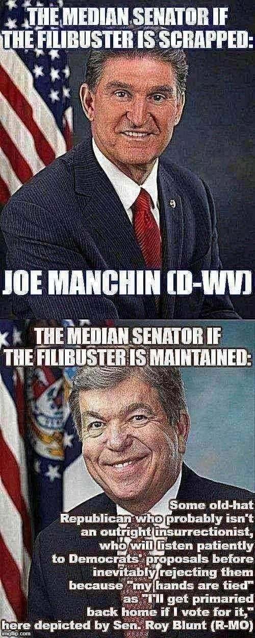 Scrap the filibuster, and the Senate hinges on its most moderate Democrat. Maintain it, and the MAGA crowd still runs the show. | image tagged in politics,political meme,senate,senators,government,republicans | made w/ Imgflip meme maker