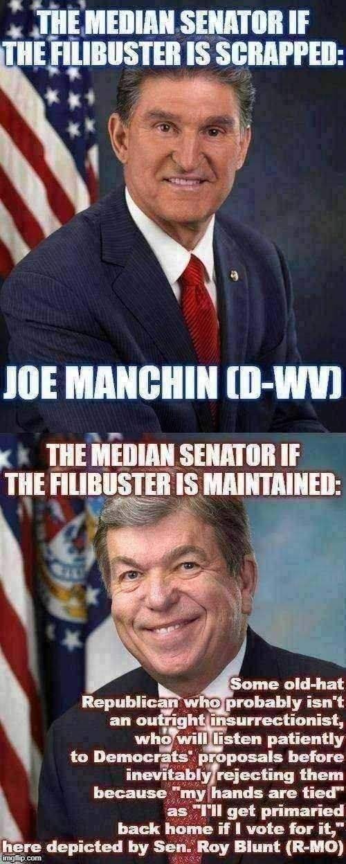 Scrap the filibuster, and the Senate hinges on its most moderate Democrat. Maintain it, and the MAGA crowd still runs the show. | image tagged in scrap the filibuster 2021,senate,senators,government,republicans,politics | made w/ Imgflip meme maker
