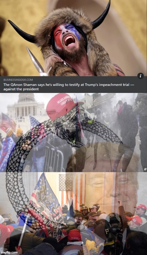 and the movement keeps eating its own | image tagged in qanon shaman testify,jan 6 2021 riot ouroboros | made w/ Imgflip meme maker