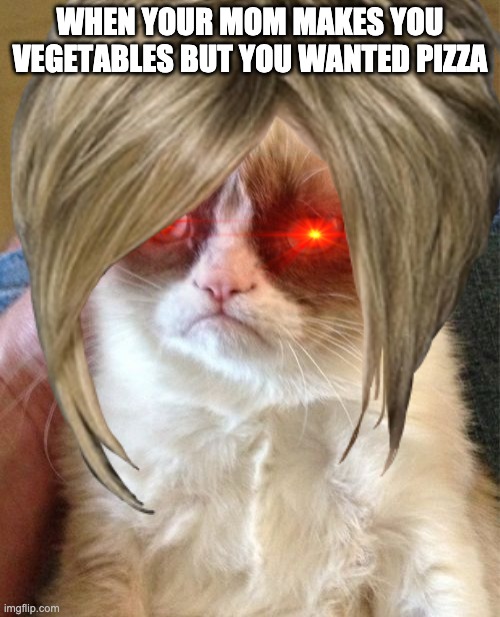 WHEN YOUR MOM MAKES YOU VEGETABLES BUT YOU WANTED PIZZA | image tagged in vegetables,grumpy cat,karen | made w/ Imgflip meme maker