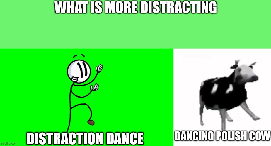 What is more distracting? | WHAT IS MORE DISTRACTING; DISTRACTION DANCE; DANCING POLISH COW | image tagged in distraction dance,polish cow | made w/ Imgflip meme maker