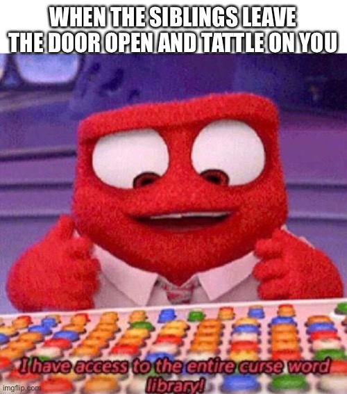 Only older siblings understand |  WHEN THE SIBLINGS LEAVE THE DOOR OPEN AND TATTLE ON YOU | image tagged in i have access to the entire curse world library | made w/ Imgflip meme maker