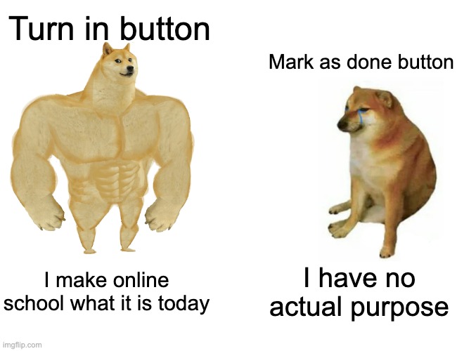 Buff Doge vs. Cheems Meme | Turn in button; Mark as done button; I make online school what it is today; I have no actual purpose | image tagged in memes,buff doge vs cheems | made w/ Imgflip meme maker