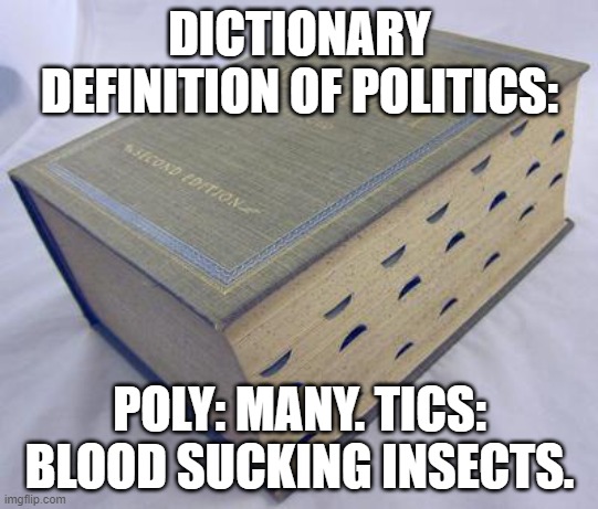 I'm sorry people | DICTIONARY DEFINITION OF POLITICS:; POLY: MANY. TICS: BLOOD SUCKING INSECTS. | image tagged in dictionary | made w/ Imgflip meme maker