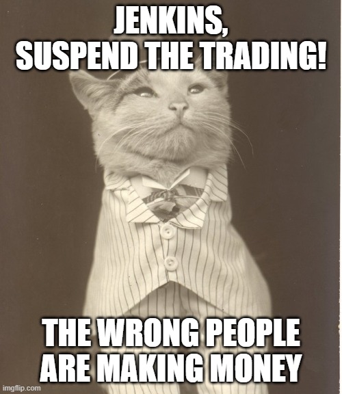 The fat cats are not happy |  JENKINS, SUSPEND THE TRADING! THE WRONG PEOPLE ARE MAKING MONEY | image tagged in aristocat | made w/ Imgflip meme maker
