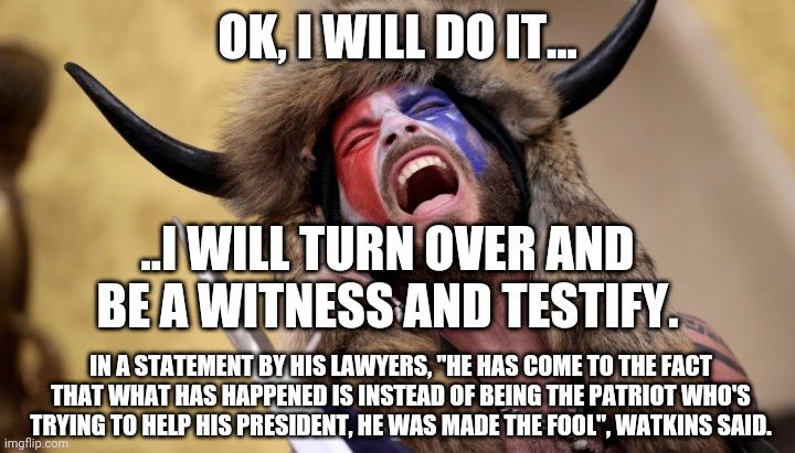 Patriot turned witness. | OK, I WILL DO IT... ..I WILL TURN OVER AND BE A WITNESS AND TESTIFY. IN A STATEMENT BY HIS LAWYERS, "HE HAS COME TO THE FACT THAT WHAT HAS HAPPENED IS INSTEAD OF BEING THE PATRIOT WHO'S TRYING TO HELP HIS PRESIDENT, HE WAS MADE THE FOOL", WATKINS SAID. | image tagged in q,witness | made w/ Imgflip meme maker