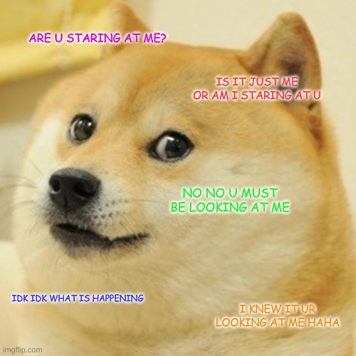 Doge | ARE U STARING AT ME? IS IT JUST ME OR AM I STARING AT U; NO NO U MUST BE LOOKING AT ME; IDK IDK WHAT IS HAPPENING; I KNEW IT UR LOOKING AT ME HAHA | image tagged in memes,doge | made w/ Imgflip meme maker