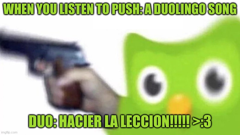 all you needed was a little push uno pregunta | WHEN YOU LISTEN TO PUSH: A DUOLINGO SONG; DUO: HACIER LA LECCION!!!!! >:3 | image tagged in duolingo gun | made w/ Imgflip meme maker
