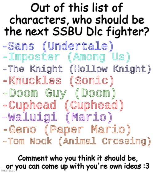 Don't upvote, just comment who it should be, because I wanna know who people vote for | Out of this list of characters, who should be the next SSBU Dlc fighter? -Sans (Undertale); -Imposter (Among Us); -The Knight (Hollow Knight); -Knuckles (Sonic); -Doom Guy (Doom); -Cuphead (Cuphead); -Waluigi (Mario); -Geno (Paper Mario); -Tom Nook (Animal Crossing); Comment who you think it should be, or you can come up with you're own ideas :3 | image tagged in blank white template | made w/ Imgflip meme maker