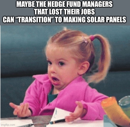 Little girl shrug | MAYBE THE HEDGE FUND MANAGERS
THAT LOST THEIR JOBS
CAN “TRANSITION” TO MAKING SOLAR PANELS | image tagged in little girl shrug | made w/ Imgflip meme maker