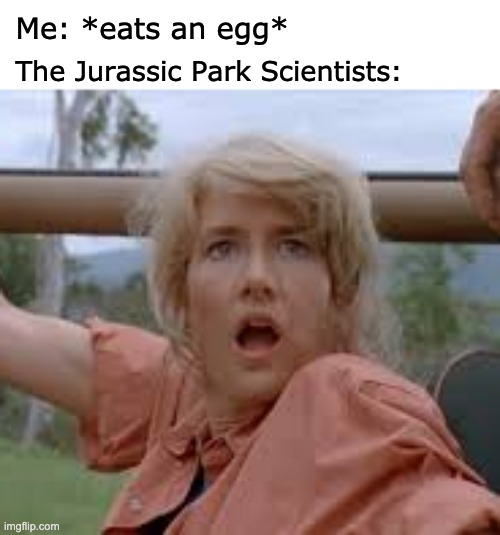 Egg | Me: *eats an egg*; The Jurassic Park Scientists: | image tagged in jurassic park,dinosaur,eggs,they had us in the first half,what,food | made w/ Imgflip meme maker