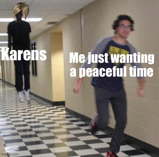 I’m bored ¯\_(ツ)_/¯ | Me just wanting a peaceful time; Karens | image tagged in floating boy chasing running boy | made w/ Imgflip meme maker