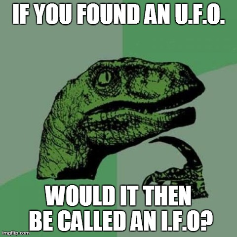 Philosoraptor Meme | IF YOU FOUND AN U.F.O. WOULD IT THEN BE CALLED AN I.F.O? | image tagged in memes,philosoraptor | made w/ Imgflip meme maker