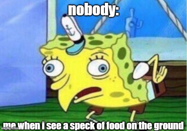 Mocking Spongebob | nobody:; me when i see a speck of food on the ground | image tagged in memes,mocking spongebob | made w/ Imgflip meme maker