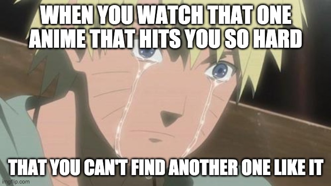 Finishing anime | WHEN YOU WATCH THAT ONE ANIME THAT HITS YOU SO HARD; THAT YOU CAN'T FIND ANOTHER ONE LIKE IT | image tagged in finishing anime | made w/ Imgflip meme maker