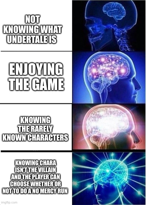 The true intellectual |  NOT KNOWING WHAT UNDERTALE IS; ENJOYING THE GAME; KNOWING THE RARELY KNOWN CHARACTERS; KNOWING CHARA ISN’T THE VILLAIN AND THE PLAYER CAN CHOOSE WHETHER OR NOT TO DO A NO MERCY RUN | image tagged in memes,expanding brain,undertale,chara,facts | made w/ Imgflip meme maker
