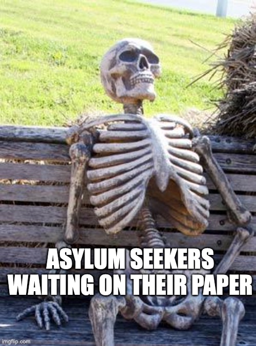 Direct Provision | ASYLUM SEEKERS
WAITING ON THEIR PAPER | image tagged in memes,waiting skeleton | made w/ Imgflip meme maker