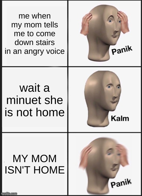 me | me when my mom tells me to come down stairs in an angry voice; wait a minuet she is not home; MY MOM ISN'T HOME | image tagged in memes,panik kalm panik | made w/ Imgflip meme maker