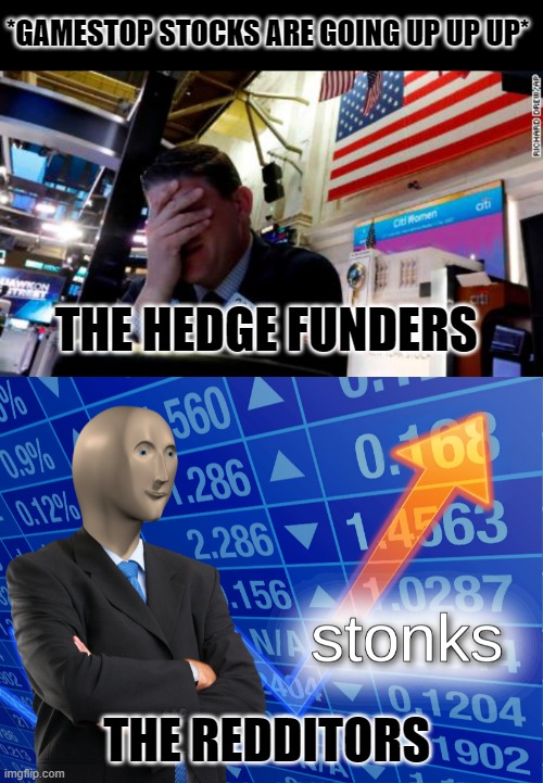 *GAMESTOP STOCKS ARE GOING UP UP UP*; THE HEDGE FUNDERS; THE REDDITORS | image tagged in stonks,gamestop,stock market,hedgefunders | made w/ Imgflip meme maker