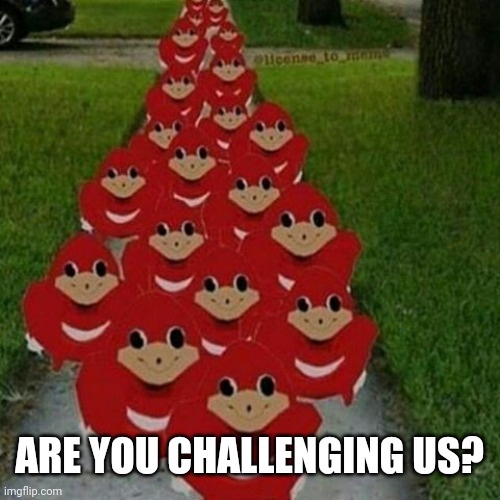 Ugandan knuckles army | ARE YOU CHALLENGING US? | image tagged in ugandan knuckles army | made w/ Imgflip meme maker