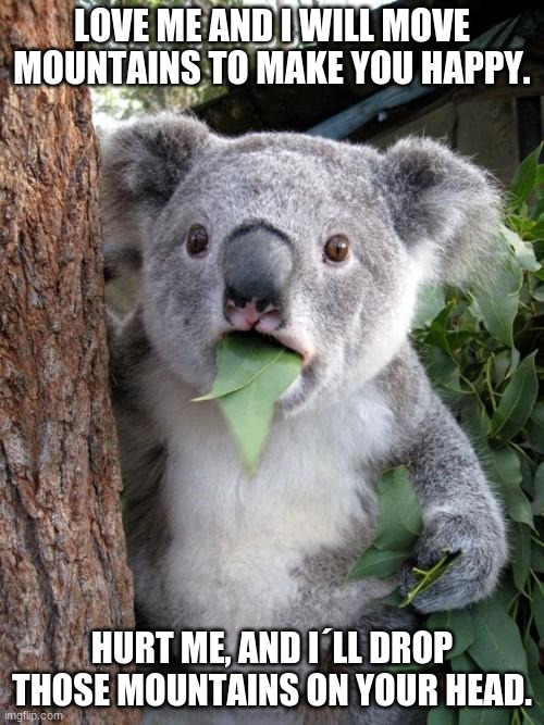 Surprised Koala Meme | LOVE ME AND I WILL MOVE MOUNTAINS TO MAKE YOU HAPPY. HURT ME, AND I´LL DROP THOSE MOUNTAINS ON YOUR HEAD. | image tagged in memes,surprised koala | made w/ Imgflip meme maker